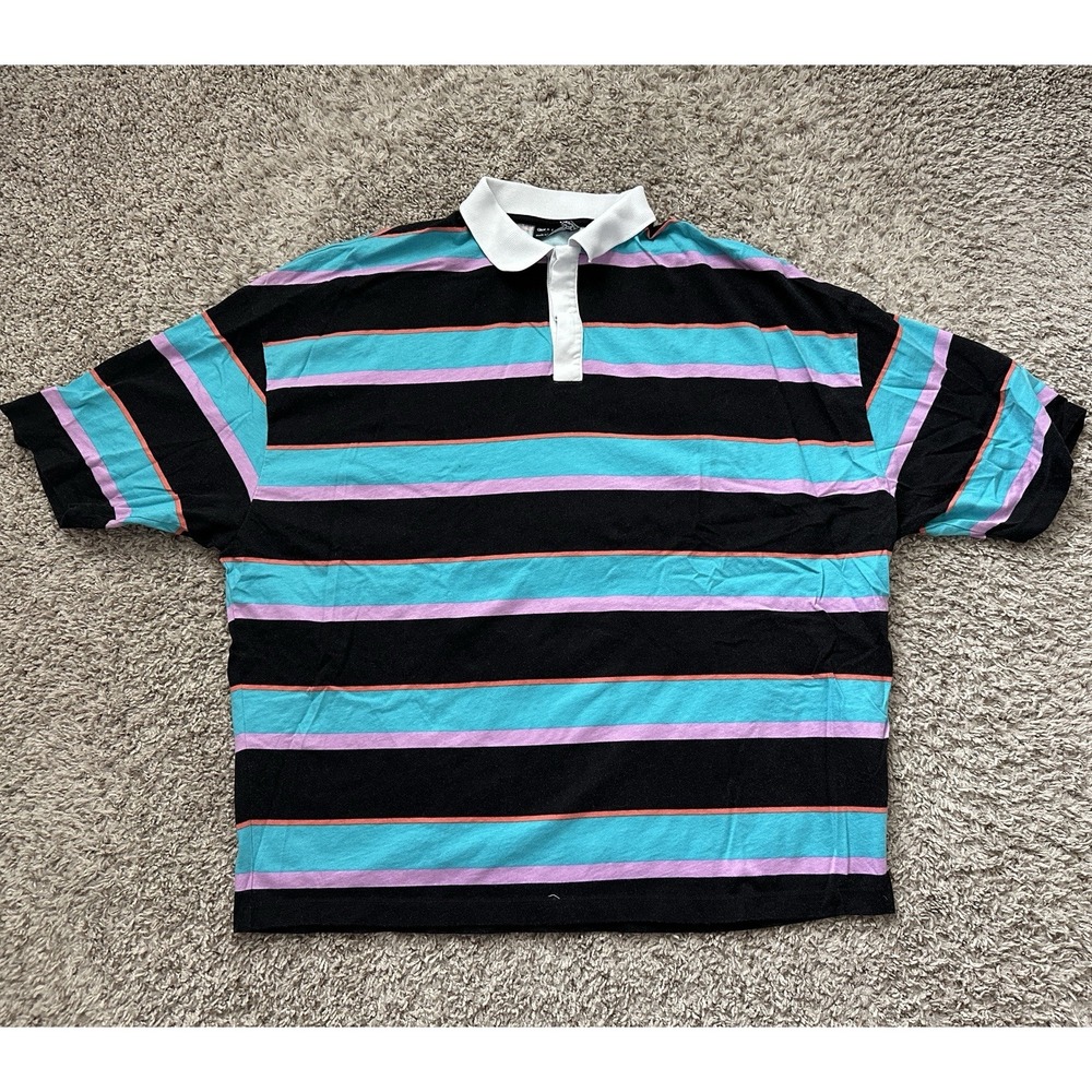 Asos Design Medium Mens Polo Shirt Stripped Blue Black Pink‎ Boxy Fit